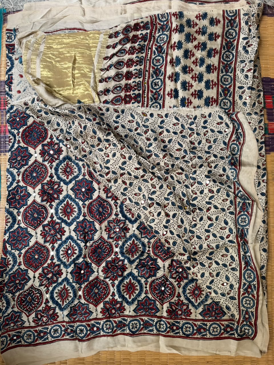 Ajrak Mirror Work Saree in Beige | Hand Block Printed | Daaraa Silks