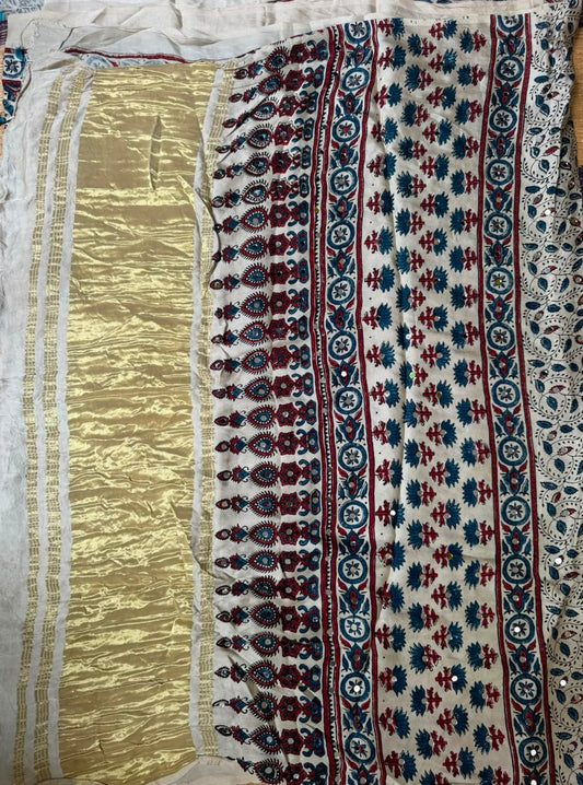Beige Ajrak hand block print saree with mirror work