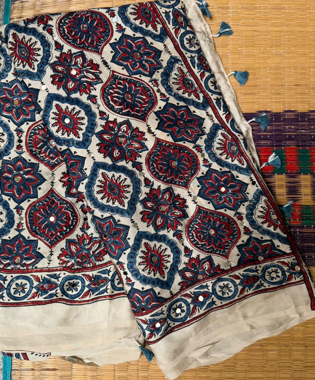 Ajrak Mirror Work Saree in Beige | Hand Block Printed | Daaraa Silks
