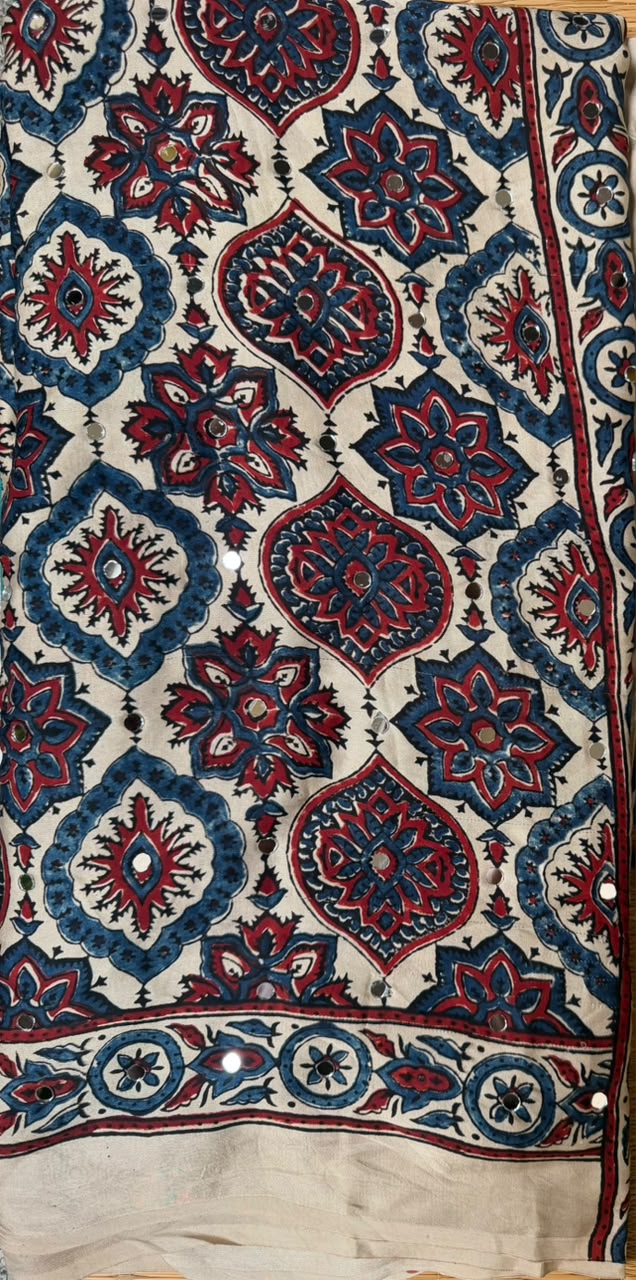 Ajrak Mirror Work Saree in Beige | Hand Block Printed | Daaraa Silks