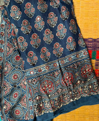 Ajrak Mirror Work Saree in Black | Hand Block Printed | Daaraa Silks