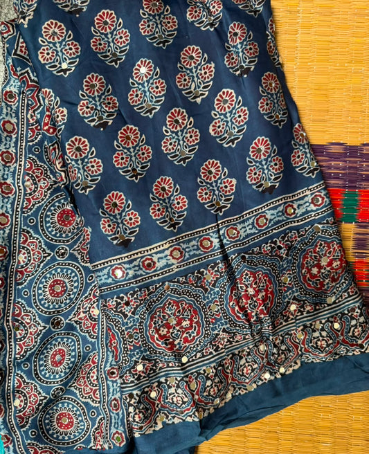 Ajrak Mirror Work Saree in Black | Hand Block Printed | Daaraa Silks