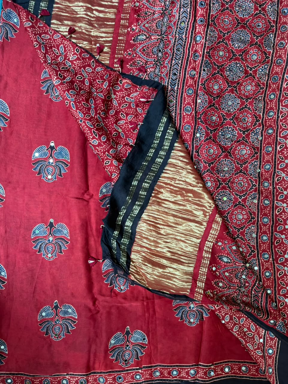 Ajrak Mirror Work Saree in Brick Red | Hand Block Printed | Daaraa Silks