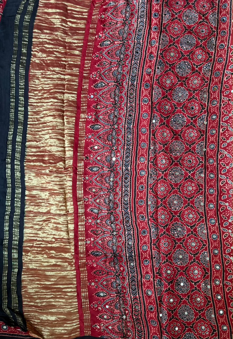 Ajrak Mirror Work Saree in Brick Red | Hand Block Printed | Daaraa Silks