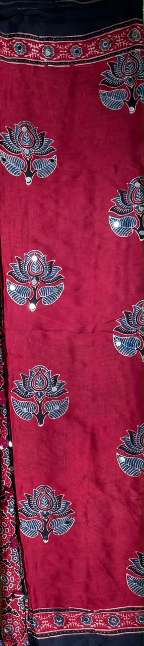 Ajrak Mirror Work Saree in Brick Red | Hand Block Printed | Daaraa Silks