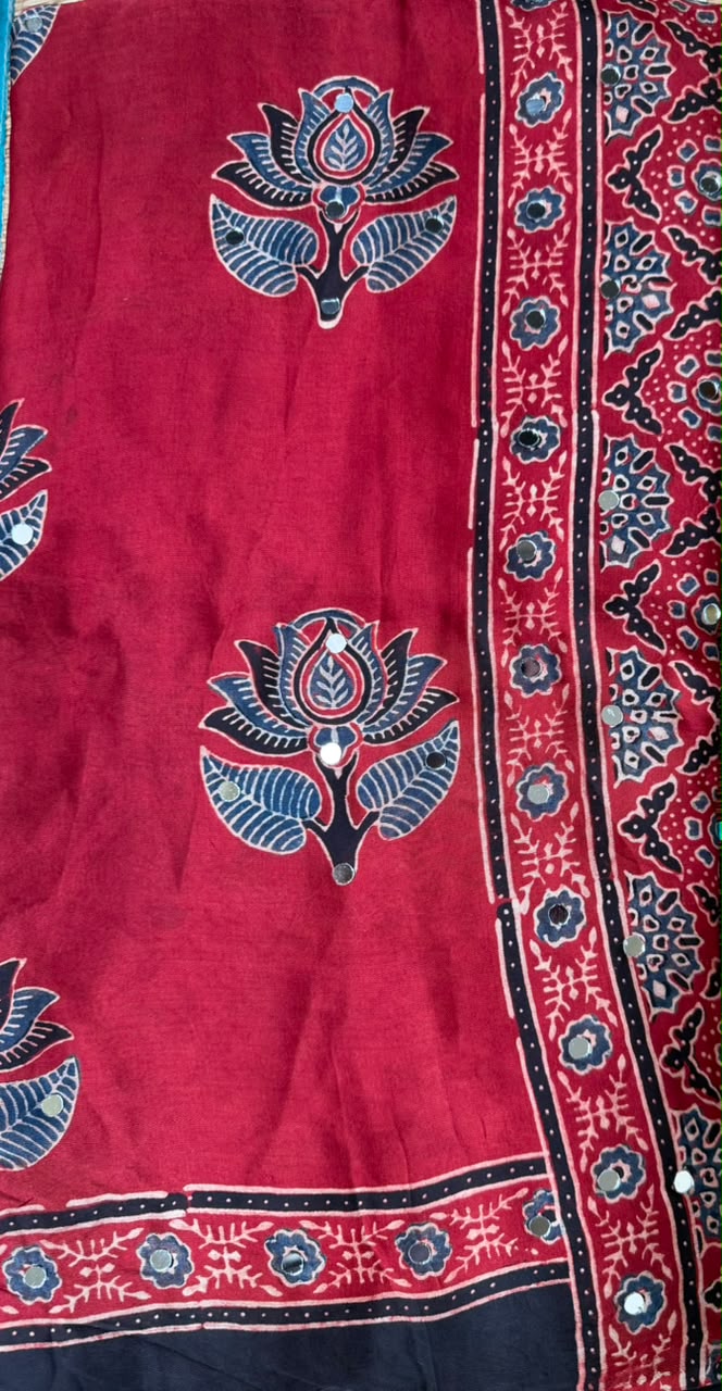 Ajrak Mirror Work Saree in Brick Red | Hand Block Printed | Daaraa Silks