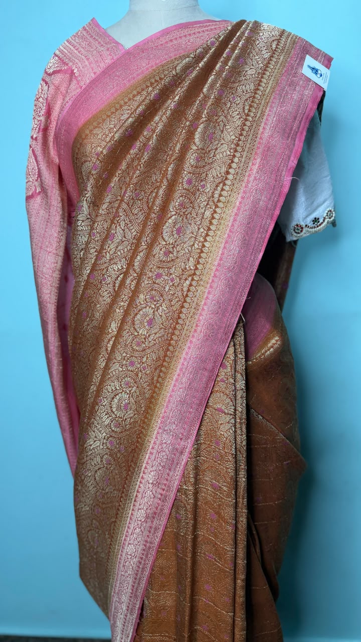 Semi Banarasi Mud Brown with Baby Pink Border Georgette Saree