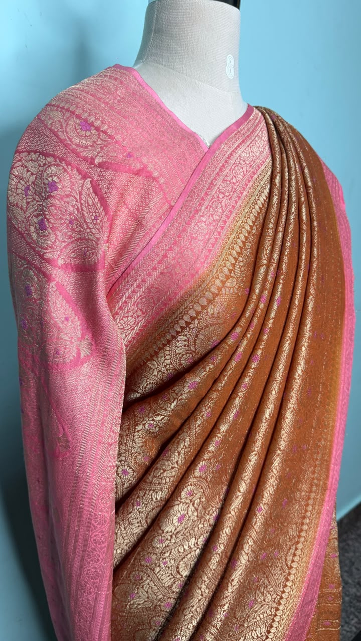 Semi Banarasi Mud Brown with Baby Pink Border Georgette Saree