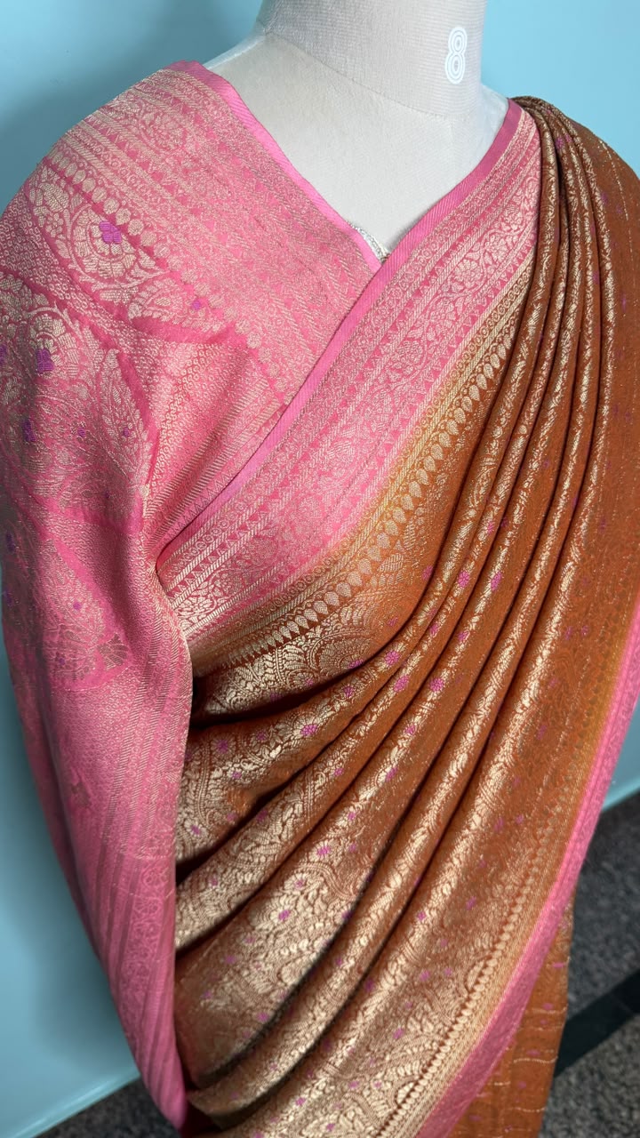 Semi Banarasi Mud Brown with Baby Pink Border Georgette Saree