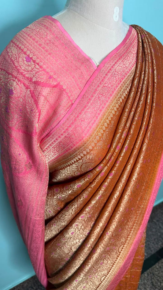 Mud brown Semi Banarasi georgette saree with baby pink Banarasi-inspired zari border, Daaraa Silks