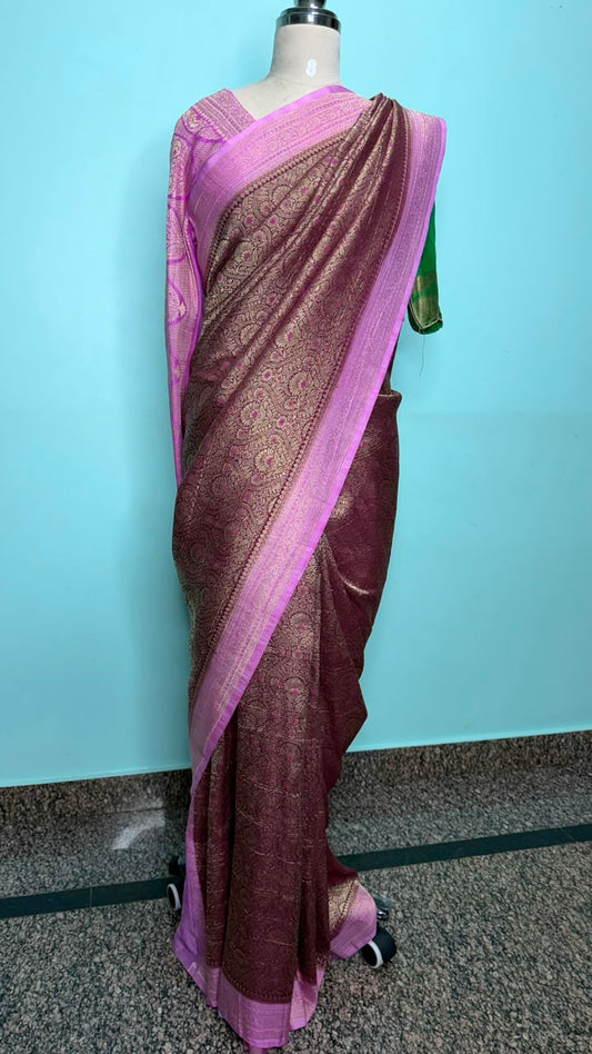 Purple Semi Banarasi georgette saree with lavender Banarasi-inspired zari border, Daaraa Silks
