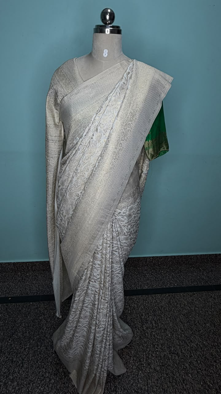 Semi Banarasi half white georgette saree with Banarasi-inspired zari motifs, Daaraa Silks