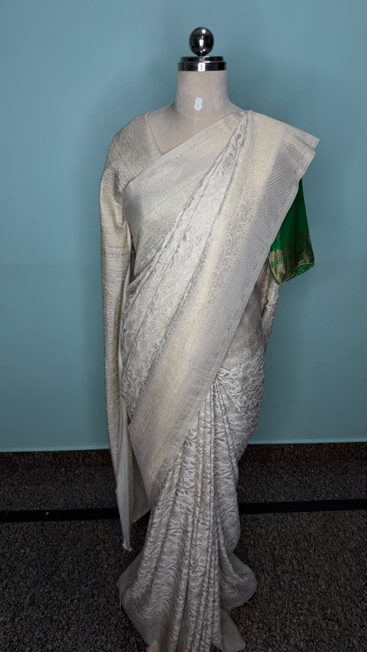 Semi Banarasi half white georgette saree with Banarasi-inspired zari motifs, Daaraa Silks