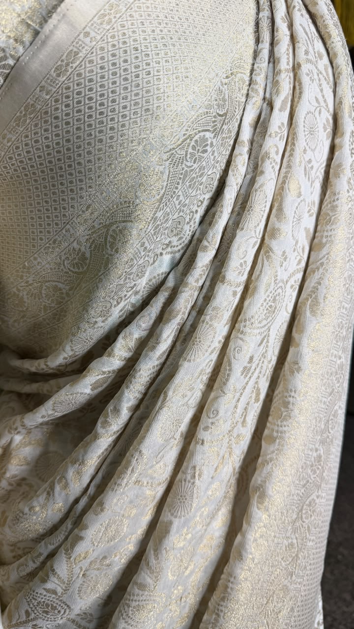 Semi Banarasi half white georgette saree with Banarasi-inspired zari motifs, Daaraa Silks