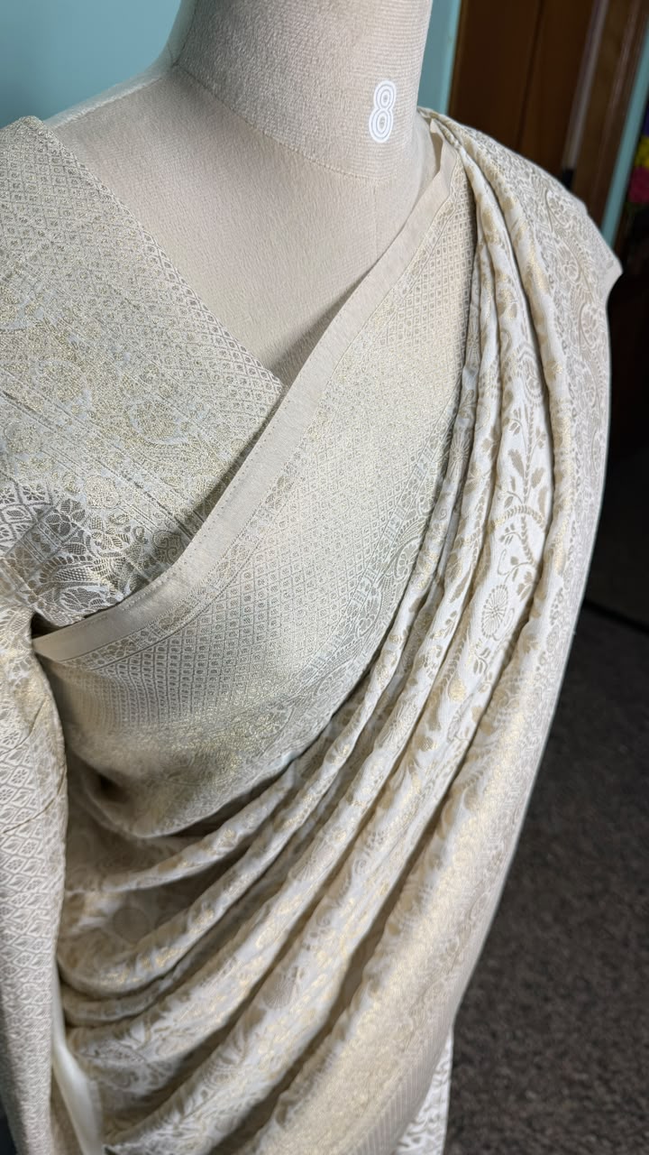 Semi Banarasi half white georgette saree with Banarasi-inspired zari motifs, Daaraa Silks