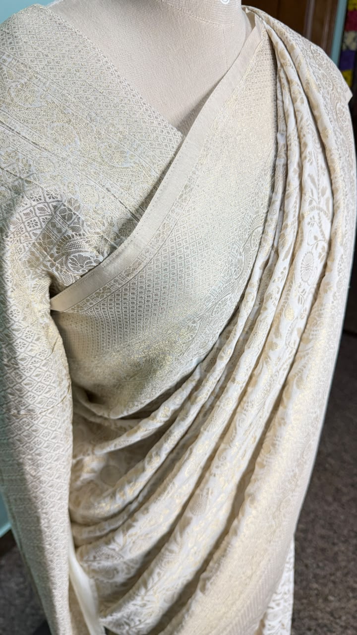 Semi Banarasi half white georgette saree with Banarasi-inspired zari motifs, Daaraa Silks