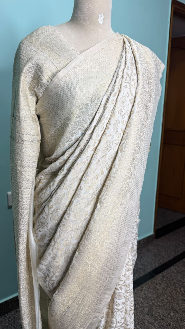 Semi Banarasi half white georgette saree with Banarasi-inspired zari motifs, Daaraa Silks