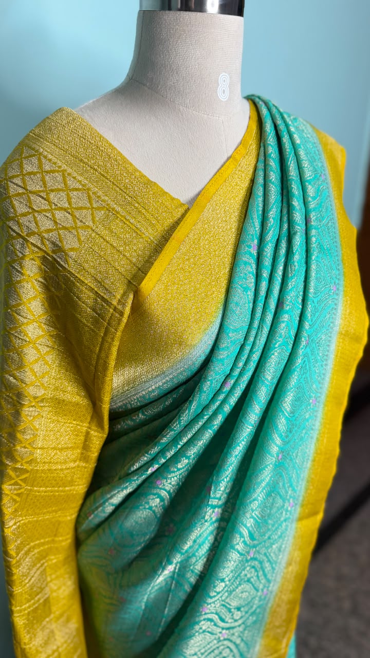 Semi Banarasi Sea Green with Yellow Border Georgette Saree