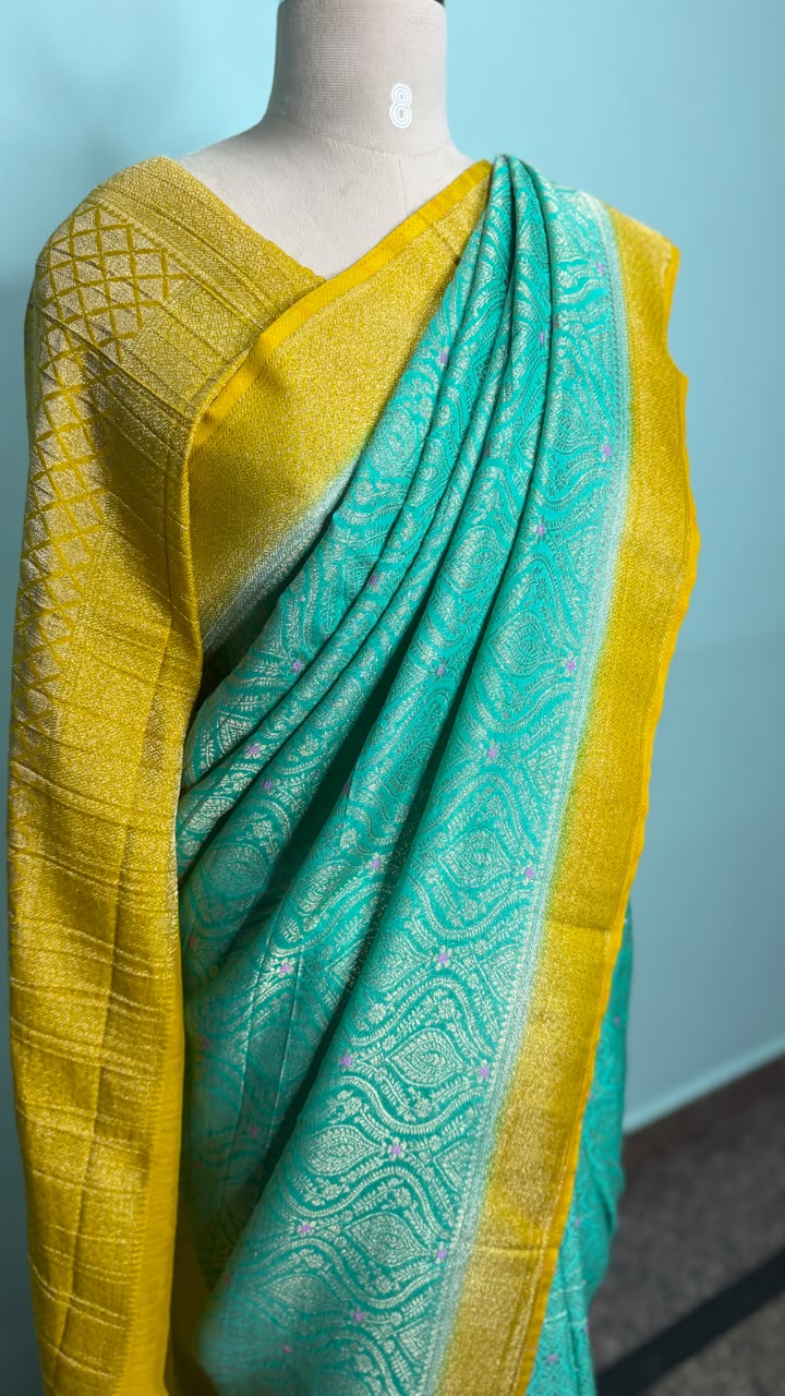 Semi Banarasi Sea Green with Yellow Border Georgette Saree