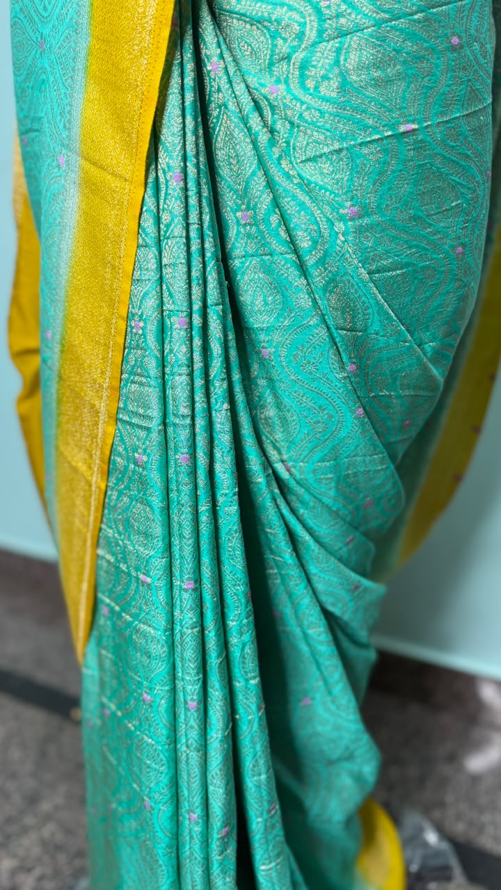 Semi Banarasi Sea Green with Yellow Border Georgette Saree