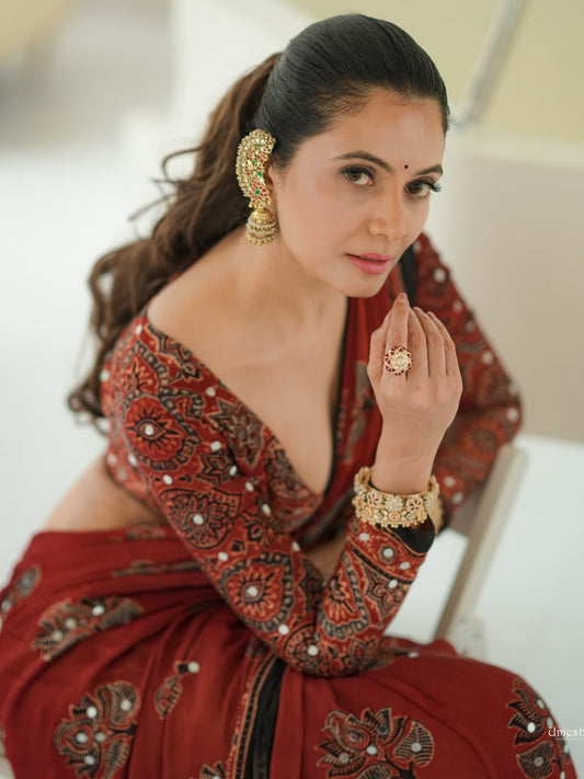 Brick red Ajrak hand block print saree with mirror work