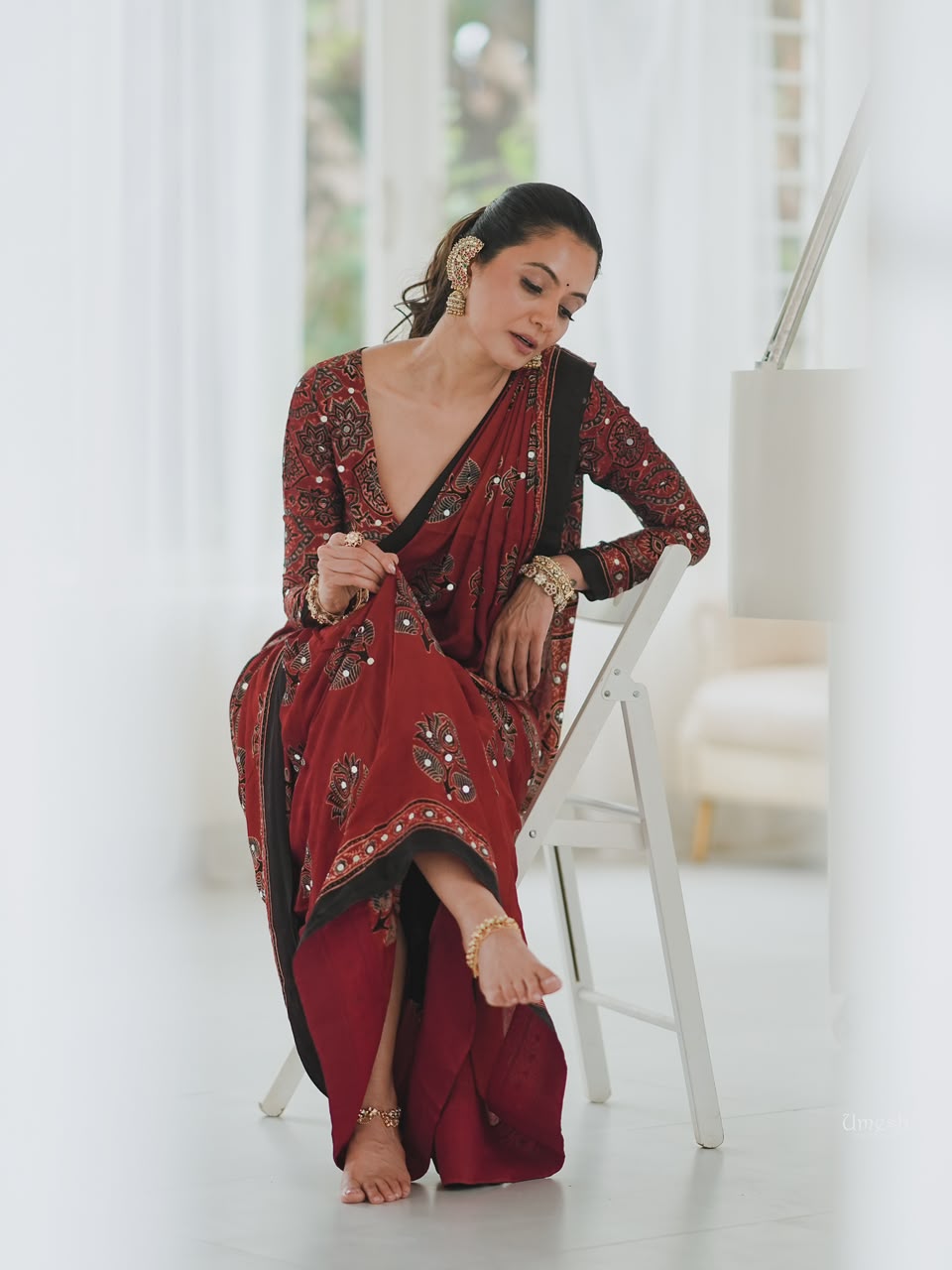 Brick red Ajrak hand block print saree with mirror work