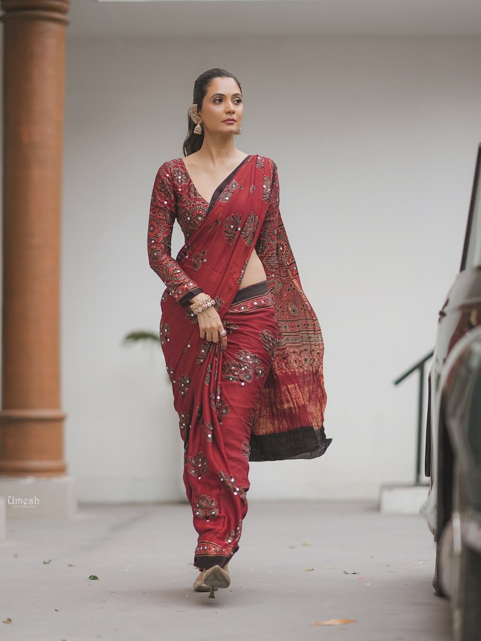 Brick red Ajrak hand block print saree with mirror work