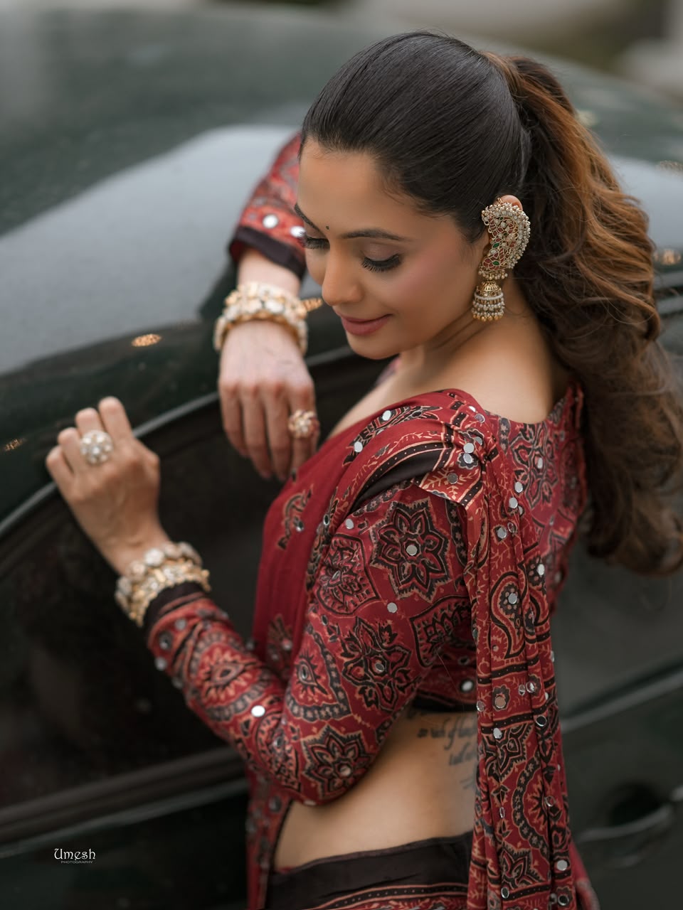 Brick red Ajrak hand block print saree with mirror work