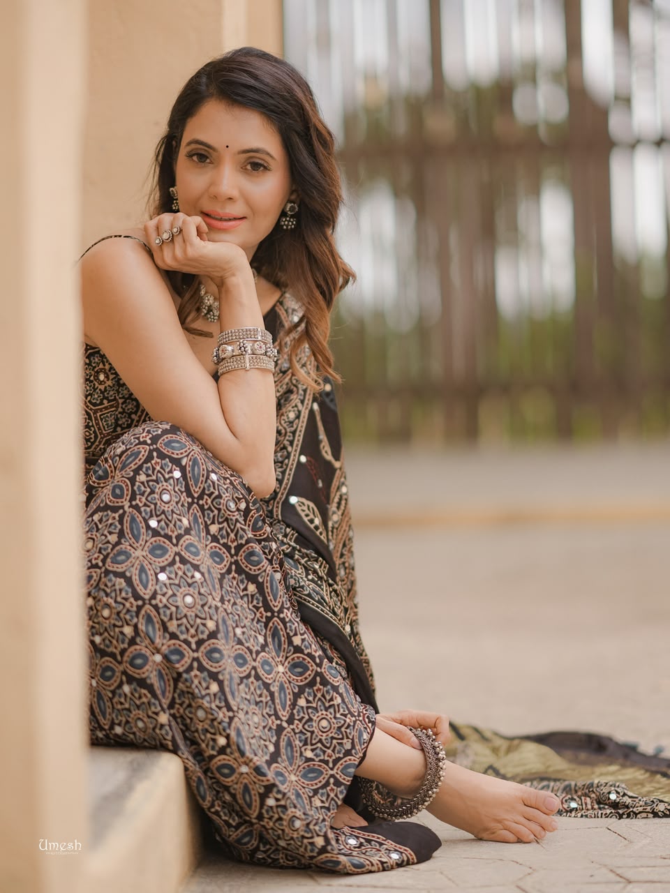 Black Ajrak hand block print saree with mirror work