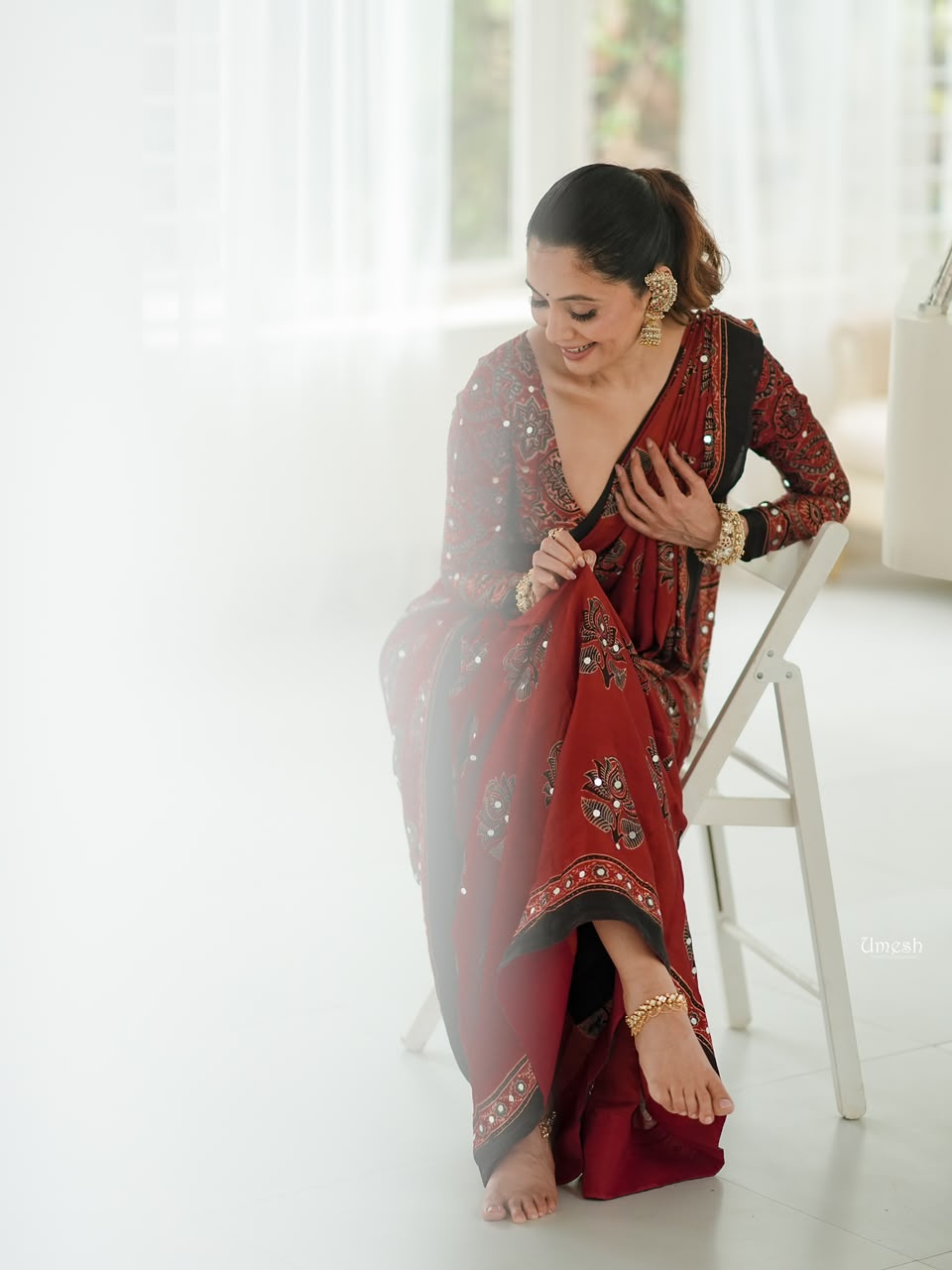 Brick red Ajrak hand block print saree with mirror work