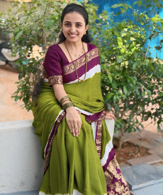 Pure Modal Natural Dye 3D Plain Saree-Olive Green
