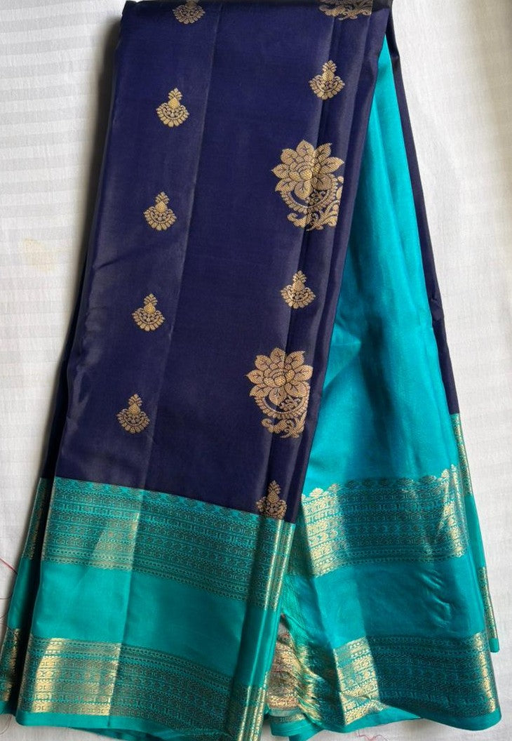 Kanchi Silk-Body-Dark Navy Blue, Border-Teal/Sea green