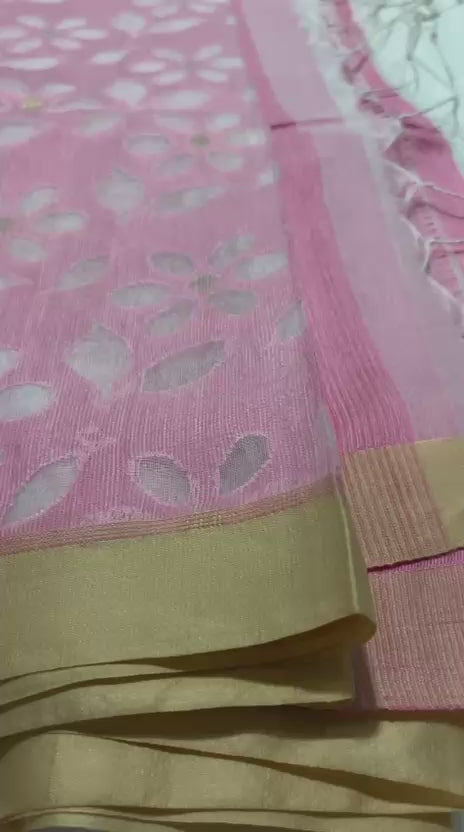 Muslin Silk Dhaka Jamdhani- Pink saree with seetu Floral Work