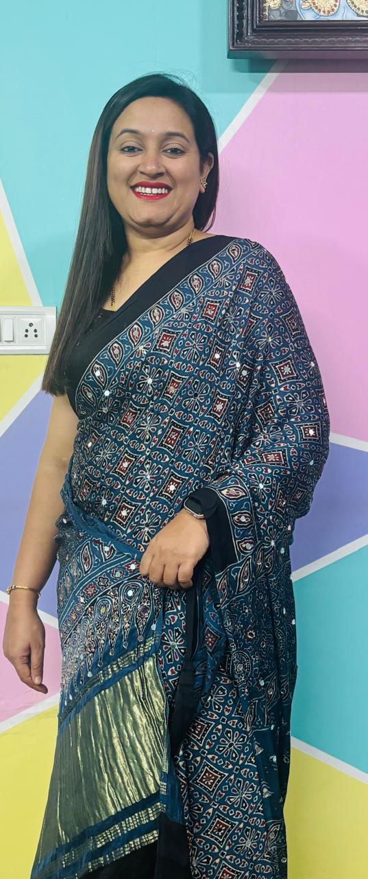Ajrak Mirror Work Saree – Indigo Blue